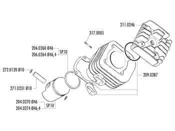 Cylinder kit Polini cast iron sport 70cc 10mm slanted for Minarelli horizontal AC 25km/h vehicles